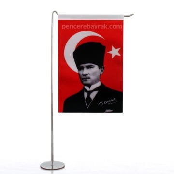 Atatürk'lü Tek Direkli Masa Üstü L Tipi Lüks Kumaş Baskı Bayrağı - 15x22,5 cm