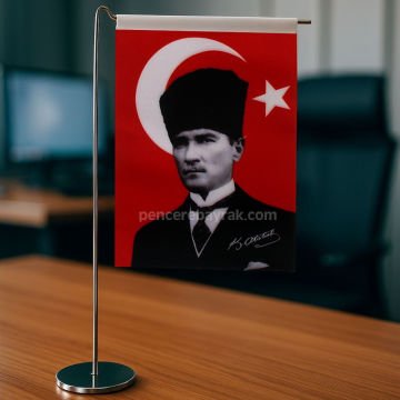Atatürk'lü Tek Direkli Masa Üstü L Tipi Lüks Kumaş Baskı Bayrağı - 15x22,5 cm