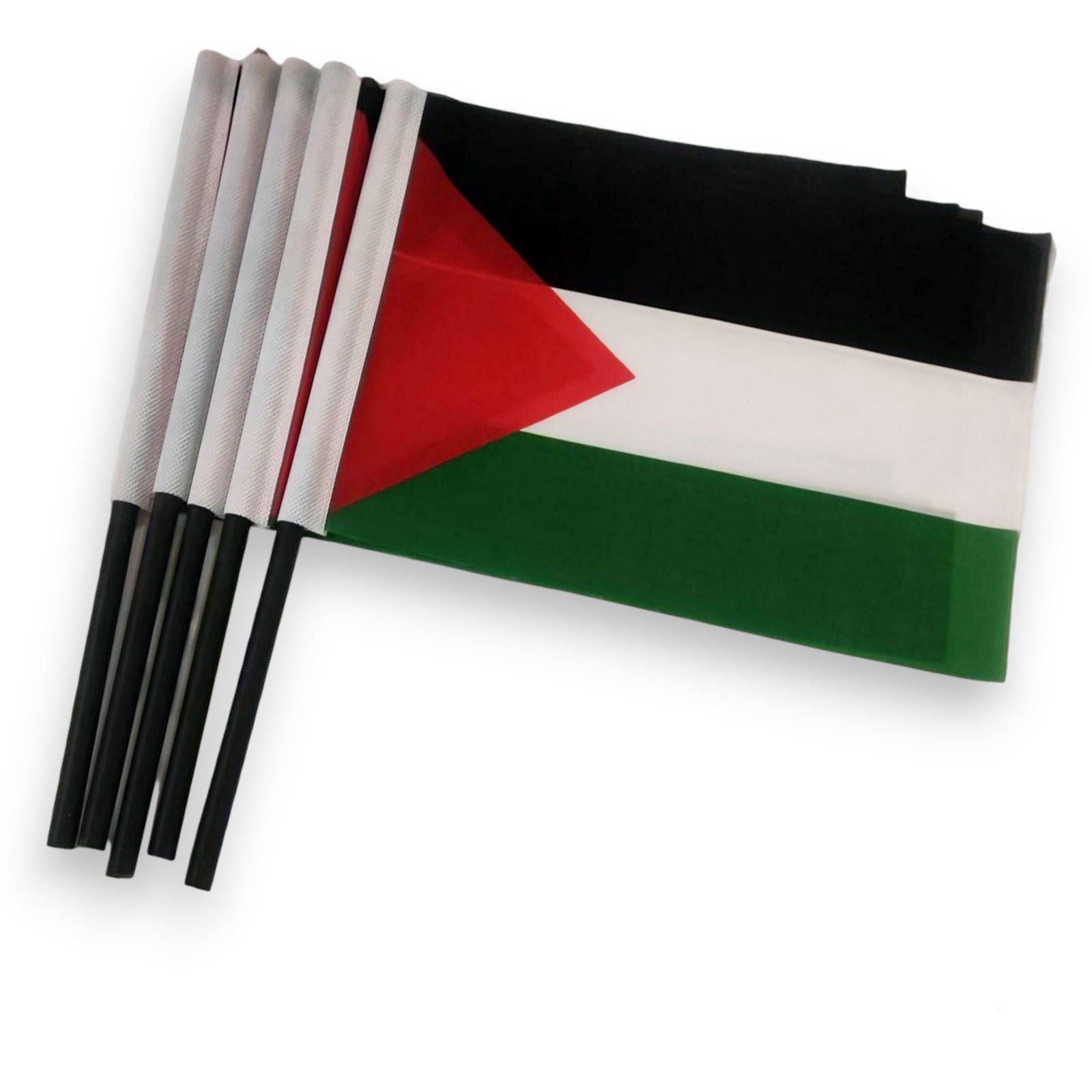 10 adet Filistin Bayrağı 20x30 Cm Raşel Kumaşa Baskılı Plastik Sopalı Elde Sallama Bayrak