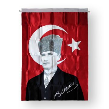 ( 10 adet ) 100x150 cm Saten Kumaşa Baskılı Kalpaklı Atatürk Bayrağı – Kenarları Sıcak Kesim