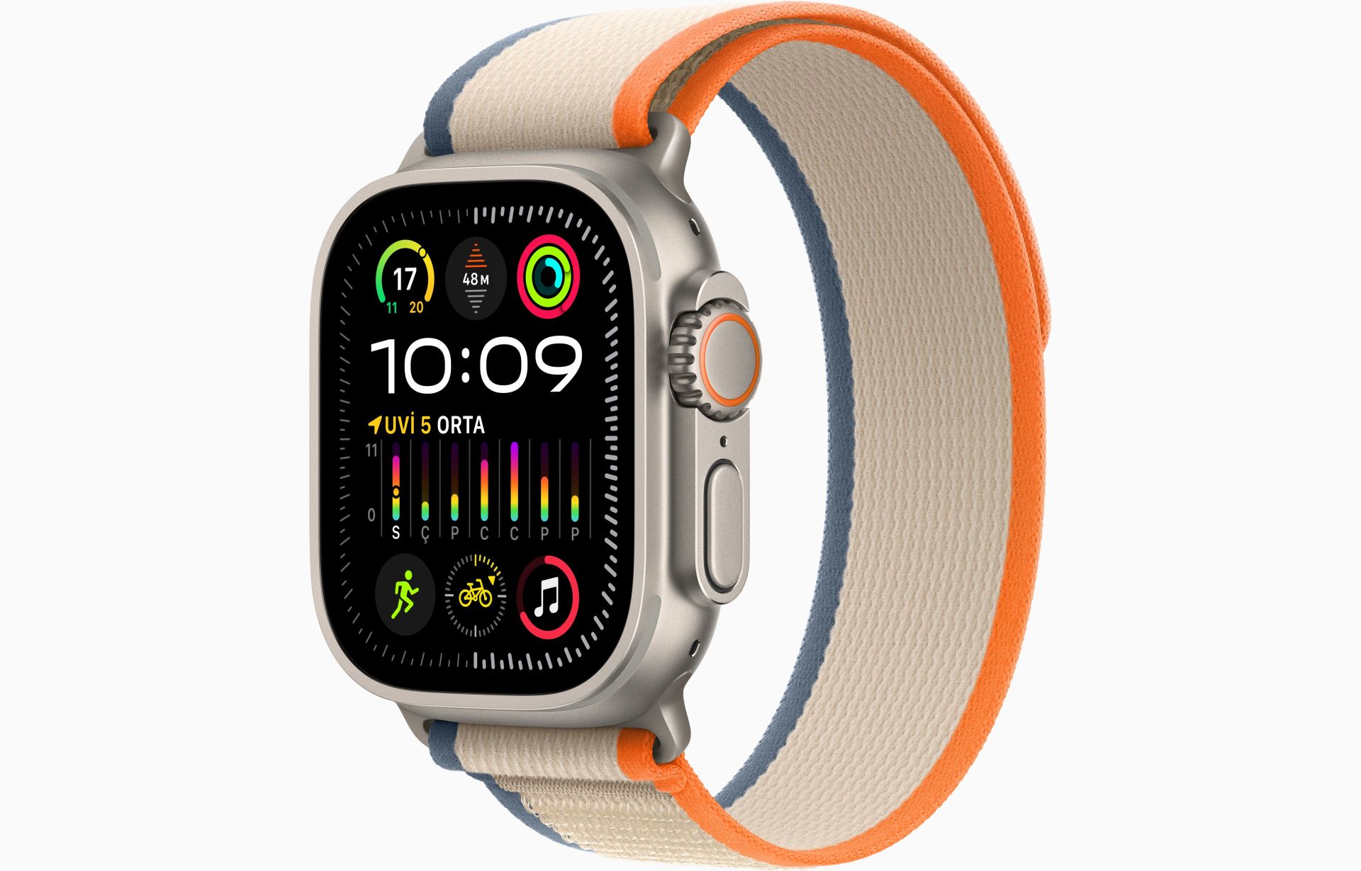 Apple Watch Ultra 2 GPS + Cellular, 49mm Titanyum Kasa ve Turuncu/Bej Trail Loop - S/M - MRF13TU/A