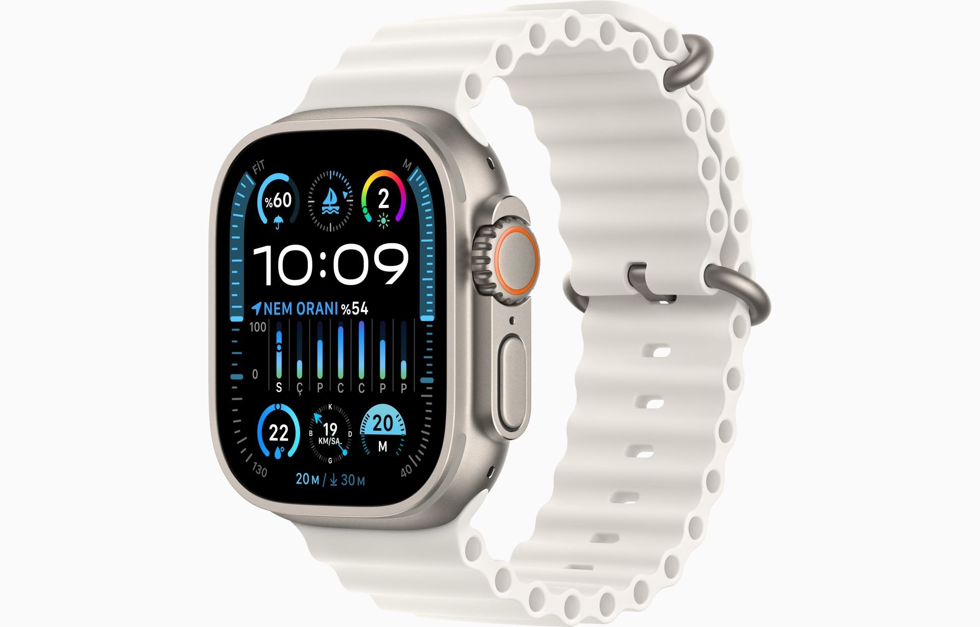 Apple Watch Ultra 2 GPS + Cellular, 49mm Titanyum Kasa ve Beyaz Ocean Kordon - MREJ3TU/A