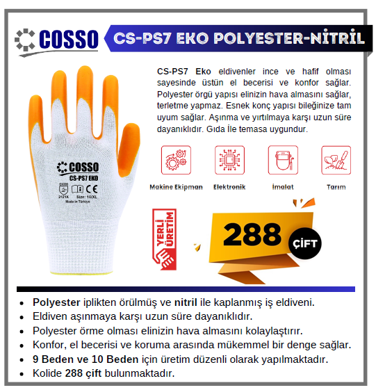 Cosso Cs-Ps7 Eko Poly. Sarı - Nitril No:9 1 Koli (288 Çift)