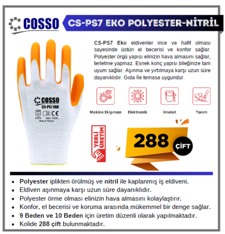 Cosso Cs-Ps7 Eko Poly. Sarı - Nitril No:9 1 Koli (288 Çift)