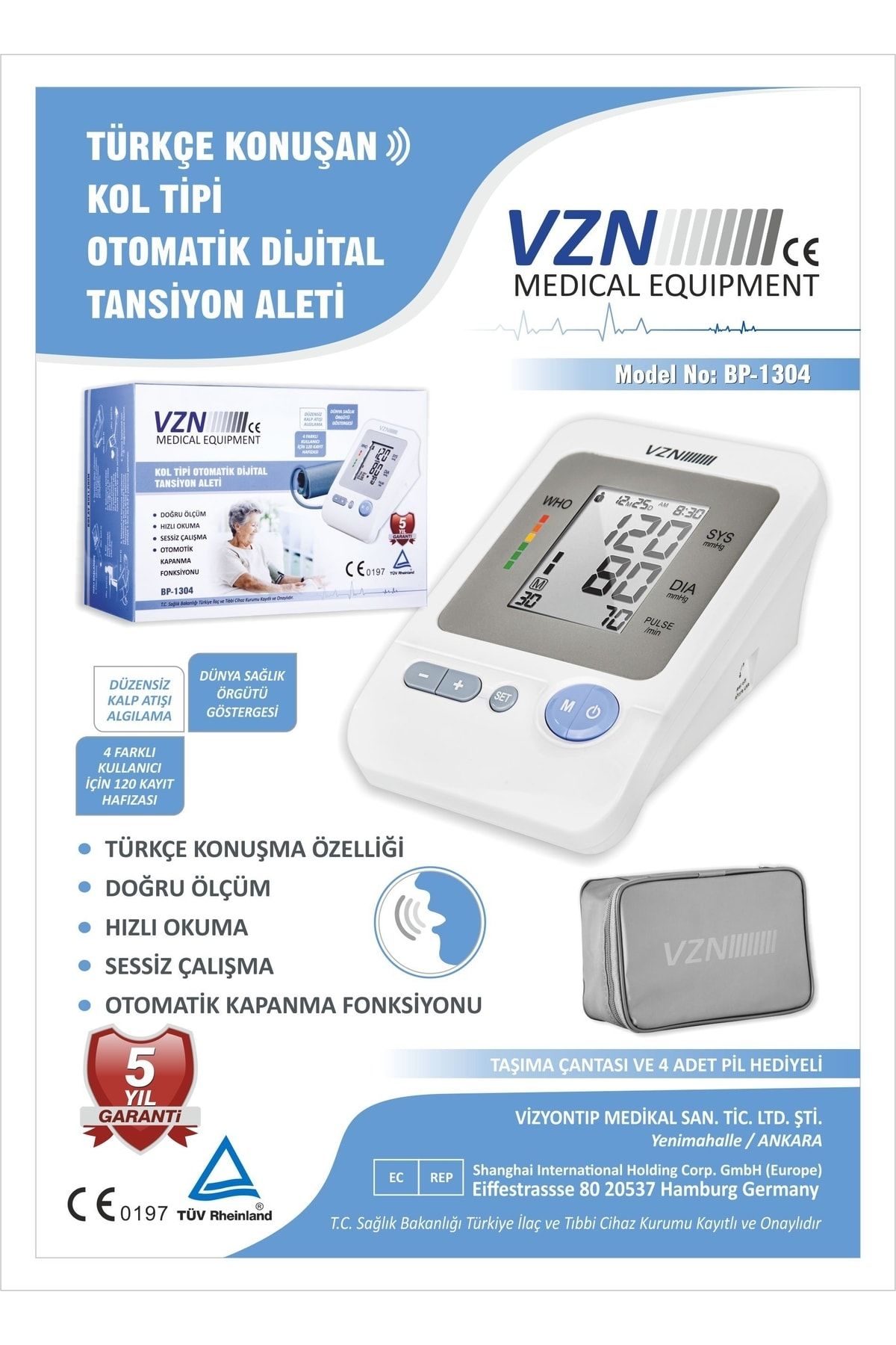 1304 Kol Tipi Koldan Ölçer Otomatik Dijital Tansiyon Aleti 5 Yıl Garantili