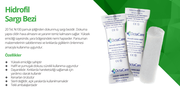 OctaCare Hidrofil Sargı Bezi 10 cm x 1,5 m	50 Adet